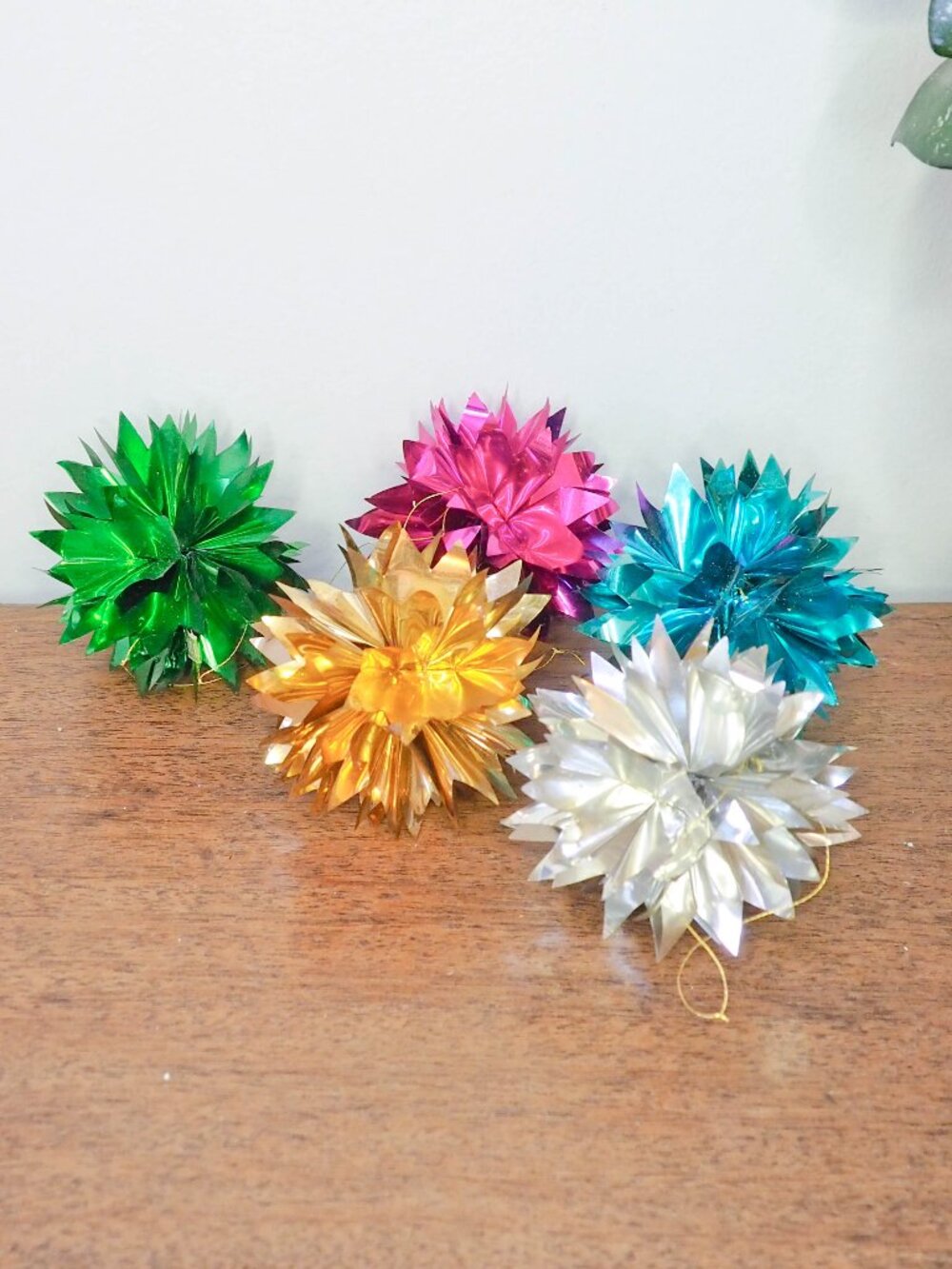 Vtg Foil PomPom Christmas Tree Ornaments Set of 5 - Vintage Japan Foil Ornaments